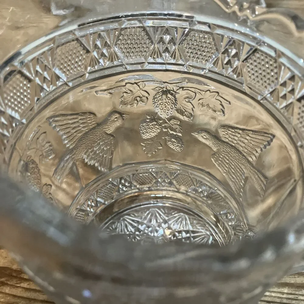 Antique EAPG Indiana Glass Footed Bowl + Creamer Set Birds Strawberries Pattern